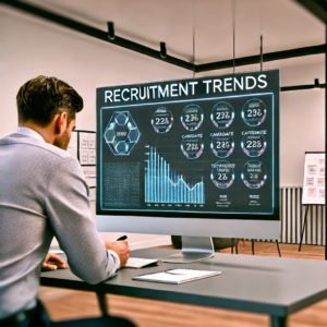 A man hunched over a desk analyzing market shifts in the recruitment market.