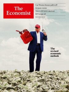 Economist covering showing President Donald Trump lighting a pile of money on fire